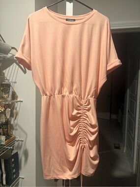 Express Blush Peach Ruched Side-Detail Short Sleeve Dress